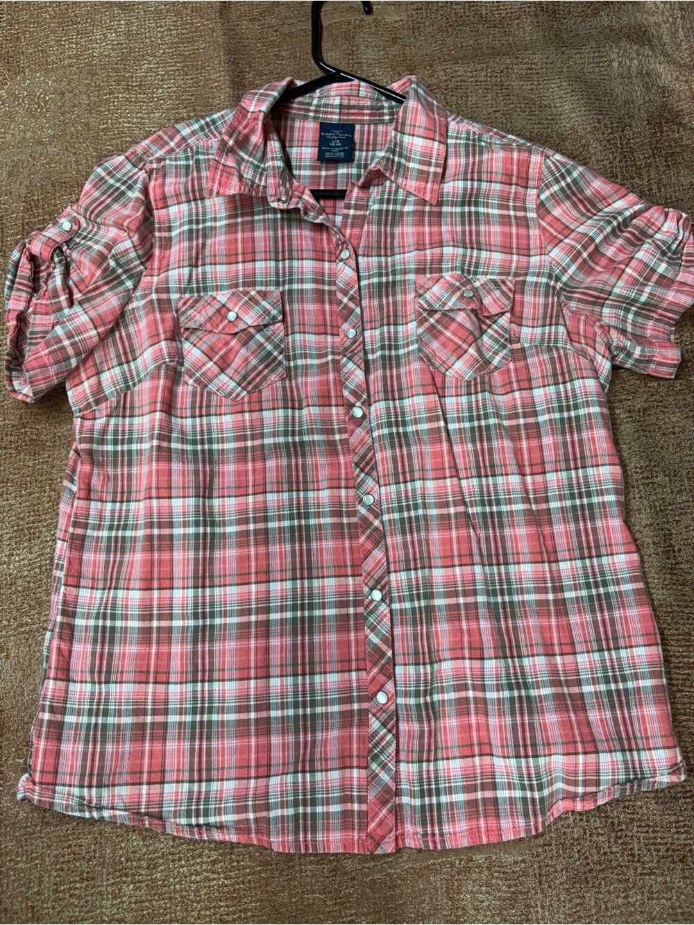 Faded Glory Coral and White Plaid Short-Sleeve Button-Up